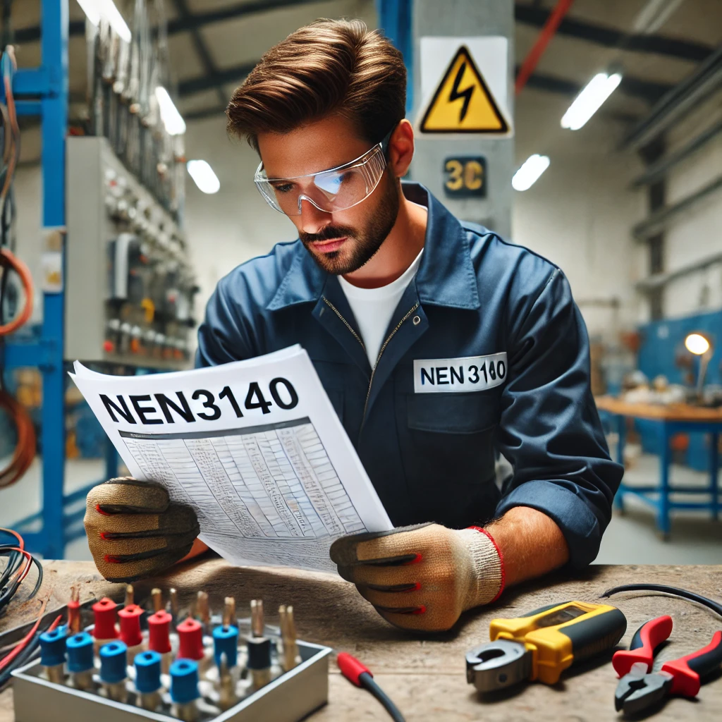 dall·e 2024 06 20 16.57.34 a realistic photo of an electrician in a work uniform studying a document titled 'nen3140'. he is standing at a workbench with electrical tools around