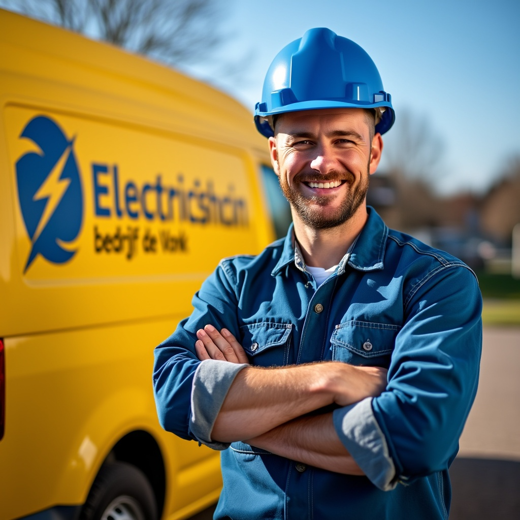 Elektromonteur bij zijn nieuwe werkbus