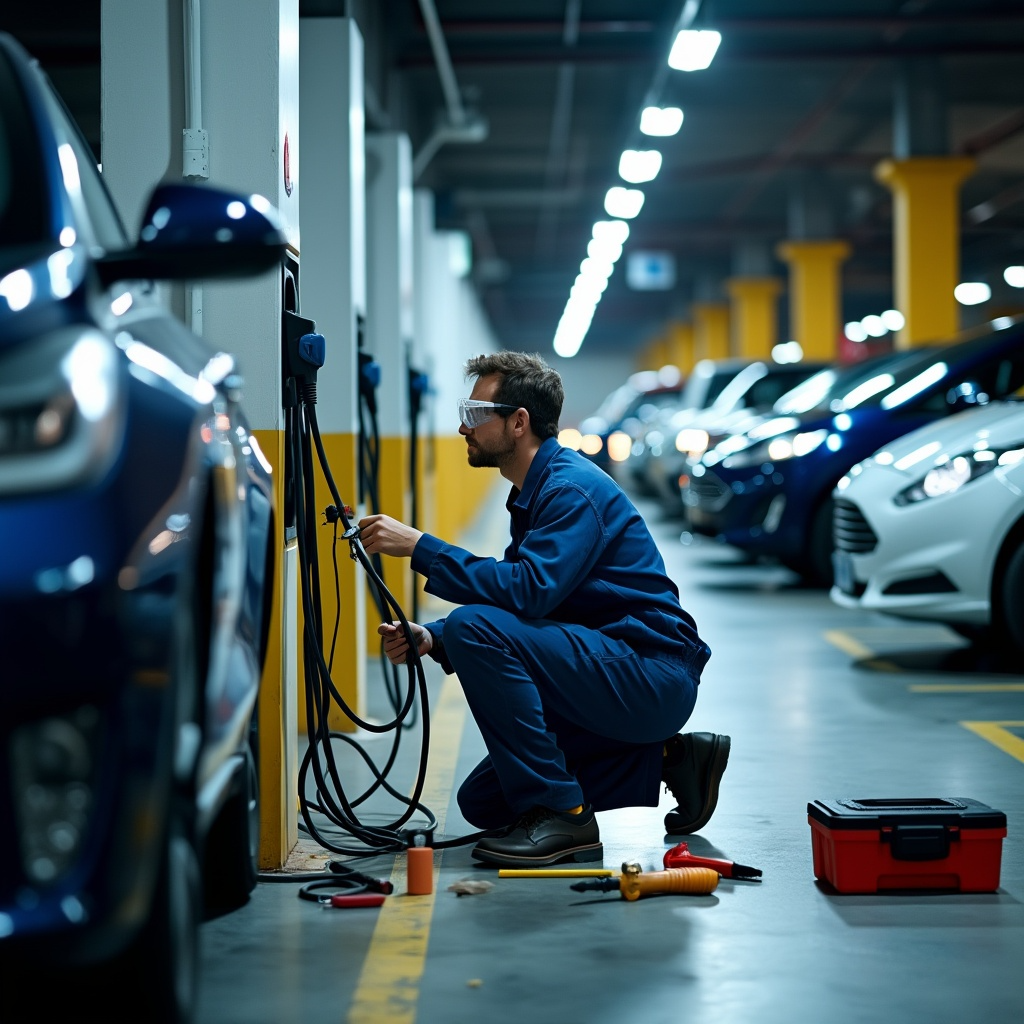 Elektromonteur in een parkeergarage die laadpalen aansluit. Trends 2025